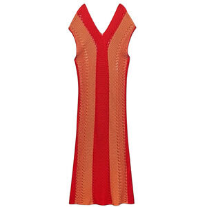 Zara Crochet Knit Dress Coverup V Neck Maxi Red Orange Boho Beach Festival Small